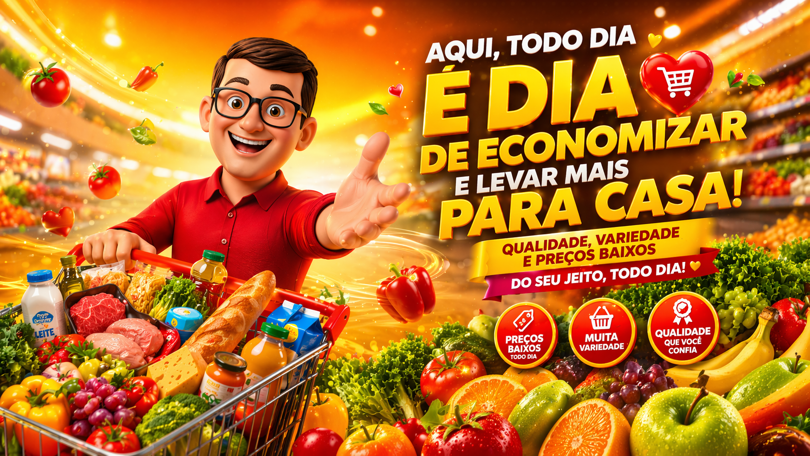 Aqui todo dia é dia de economizar e levar mais para casa! Qualidade, variedade e preços baixos do seu jeito, todo dia.